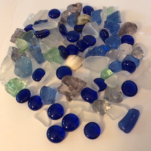 Seaglass and Blue Glass Beads. Blues, Whites Greens For Crafts Or Decor.