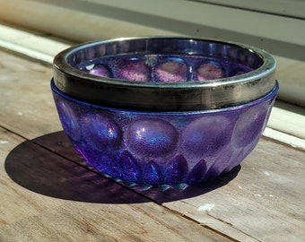Faux Carnival Glassware - Electric Blue Glass Dish, Purple Candleholder, Upcycled Vintage Anchor Hocking Bowl, Hand Painted Metallic Ashtray