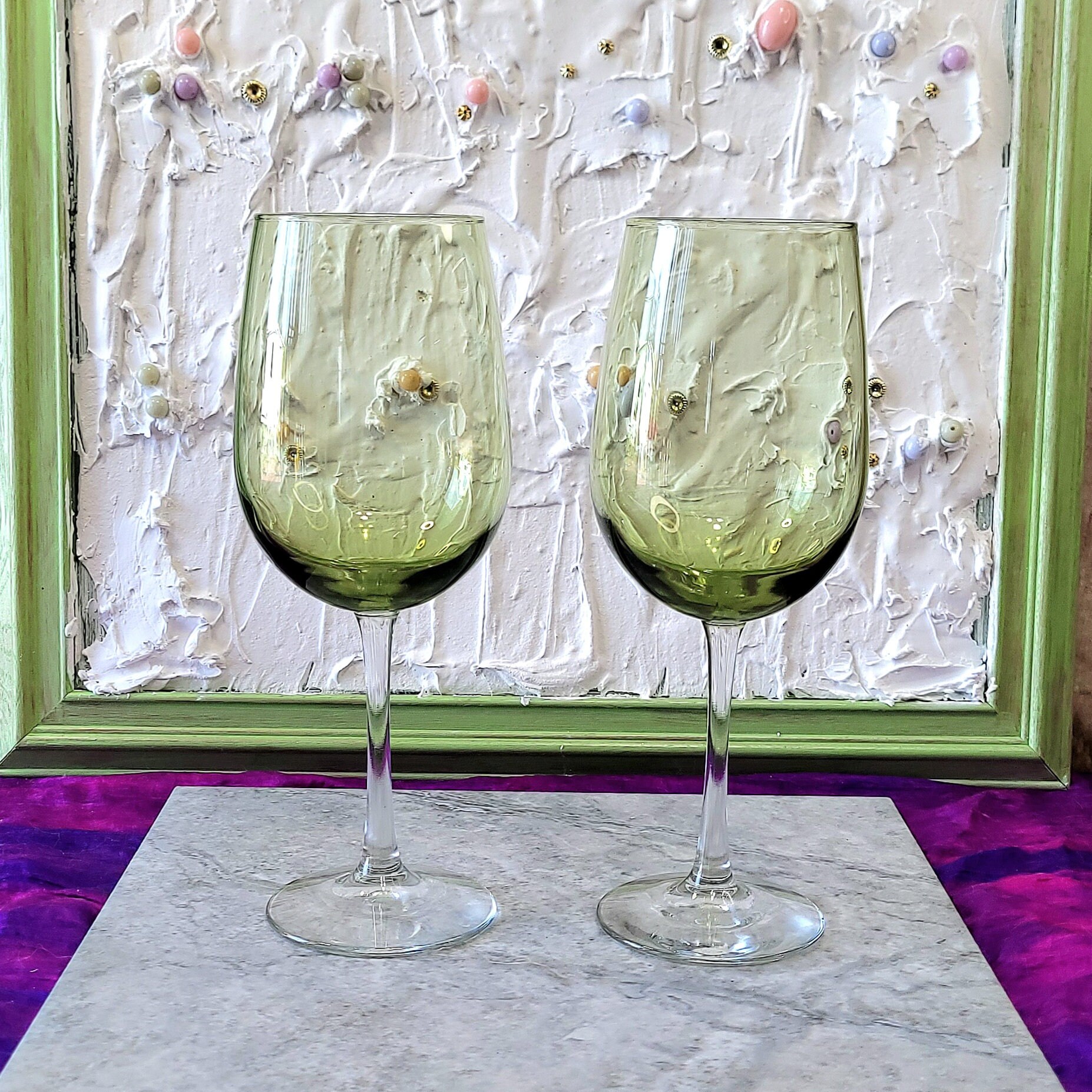 Set Of 4 Olive Green Wine Glasses Long Stem Impressive 9” Tall Goblets