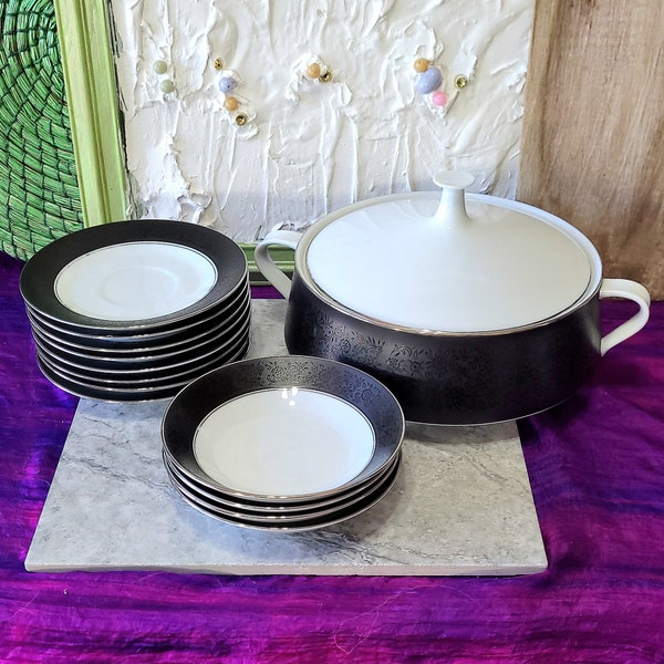 Noritake Mirano 6878 Pattern Replacement Vintage Fine China - 60s 70s Discontinued Tableware, Etched Flowers Black Band, Black Dinnerware