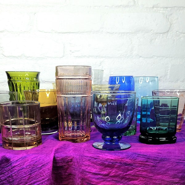 Mixed Cocktail Barware Sets - Customize Vintage Water Glasses, Amber Glass Drinkware, Green Flat Tumblers, Mix and Match Retro MCM Stemware