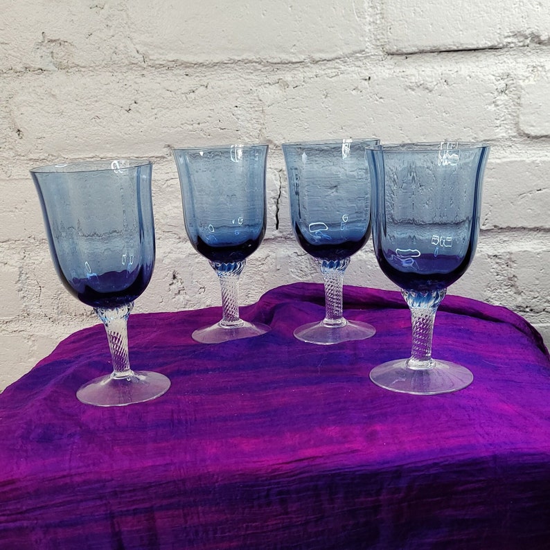 Octette Blue Gorham Crystal Wine Glasses Set of 4, 70s Classic Stemware, Vintage Barware, Quiet