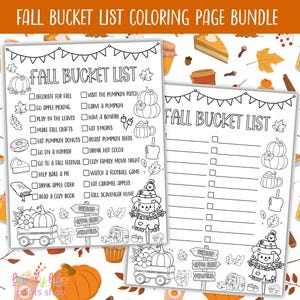 May include: A black and white coloring page bundle with the text "FALL BUCKET LIST COLORING PAGE BUNDLE". The pages include fall-themed illustrations and a checklist of activities like "Decorate for Fall" and "Visit the Pumpkin Patch".