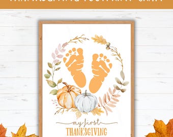 Afdrukbare voetafdruk Thanksgiving, babyaandenken 'My First Thanksgiving', handafdruk/voetafdrukkunst pasgeborene, afdrukbare pdf herfstbaby