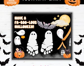 Artesanato de pegadas de fantasma para imprimir no Halloween | Modelo de lembrança de Halloween para crianças | Arte de pegadas e mãos faça você mesmo para crianças pequenas e pré-escolares