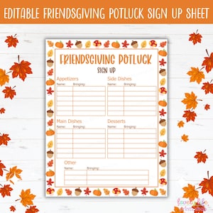 Bearbeitbares Friendsgiving Potluck-Anmeldeblatt, druckbares Herbst-Potluck-Anmeldeformular, ausfüllbarer PDF Thanksgiving-Planer, Friendsgiving-Dinner