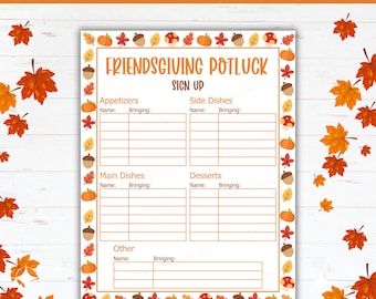 Könnte beinhalten: Ein Friendsgiving-Potluck-Anmeldeformular mit einem dekorativen Rand aus Kürbissen, Eicheln und Herbstblättern. Das Formular ist in Abschnitte für Vorspeisen, Beilagen, Hauptgerichte, Desserts und Sonstiges unterteilt.