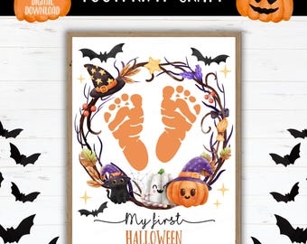 Meu primeiro artesanato de pegada de Halloween para imprimir | Modelo de lembrança de Halloween para bebês | Arte de pegadas e mãos faça você mesmo para recém-nascidos e crianças pequenas
