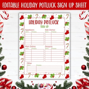 Puede incluir: Una hoja de inscripción para una comida compartida navideña con un borde rojo, acebo y bastones de caramelo. La hoja está dividida en secciones para aperitivos, guarniciones, platos principales, postres y otros, con espacios para nombres y aportaciones.