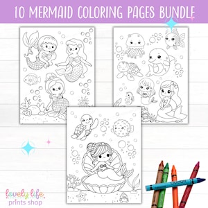 10 Printable Mermaid Coloring Pages for Kids, Digital Download, Ocean Coloring Sheets, Under the Sea Activity, Mermaid Birthday Party Favor