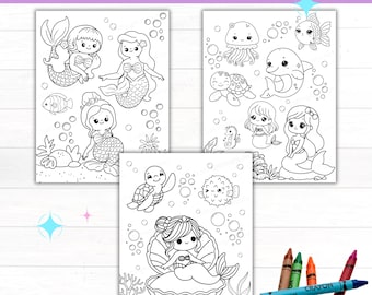 10 Printable Mermaid Coloring Pages for Kids, Digital Download, Ocean Coloring Sheets, Under the Sea Activity, Mermaid Birthday Party Favor