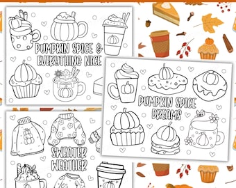 Herbst Pumpkin Spice Malseiten, Herbst Kaffee Ausmalseiten, gemütliche Herbst Färbung Kürbisse, Kürbis Latte Erwachsene Malseiten