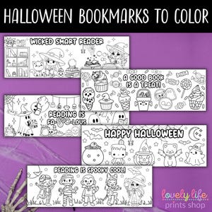 May include: Black and white Halloween-themed bookmarks to color. The bookmarks feature various designs, including witches, ghosts, and candy. Text includes "Wicked Smart Reader," "Reading is Fa-boo-lous," "A Good Book is a Treat!," "Happy Halloween," and "Reading is Spooky Cool!"