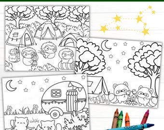Camping Coloring Page Set, 10 Camping Coloring Pages, Animals Camping Coloring Pages, Campfire Coloring Sheet, Summer Camping Activity