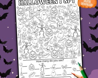 Printable Halloween I Spy Game for Kids, Halloween Coloring Sheet, Fun I Spy Worksheet, Trick or Treat Party Game, Kids Printable PDF