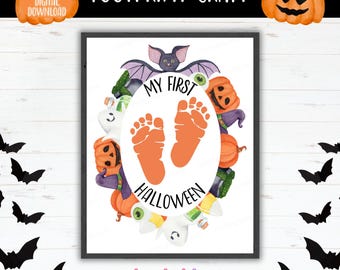 Artesanato para imprimir: Minha primeira pegada de Halloween | Modelo de lembrança de Halloween para bebês | Arte de pegadas e mãos faça você mesmo para recém-nascidos e crianças pequenas