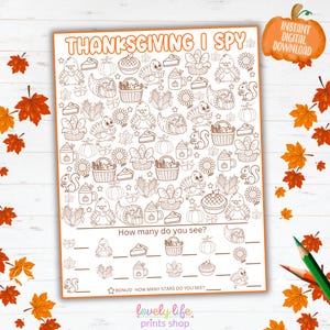 Könnte beinhalten: Ausdruckbares "Thanksgiving I Spy" Spiel mit herbstlichen Illustrationen, darunter Truthähne, Kürbisse und Füllhörner. Das Spiel enthält den Text "Thanksgiving I Spy" und "How many do you see?". Digitaler Download.