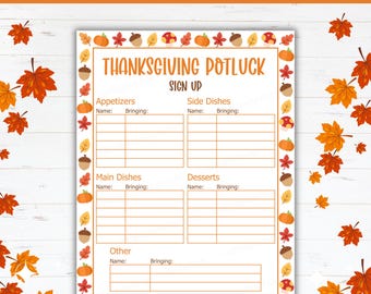 Könnte beinhalten: Ein druckbares Thanksgiving-Potluck-Anmeldeformular mit einem dekorativen Rand aus Kürbissen, Eicheln und Blättern. Das Formular enthält Abschnitte für Vorspeisen, Beilagen, Hauptgerichte, Desserts und andere Gerichte mit Platz für Namen und was sie mitbringen.