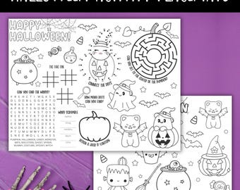 Utskrivbara Halloween-aktivitetsmattor för barn | Halloween-spel, målarbilder, bordsunderlägg, roliga festgåvor, bus-or-godis-ark