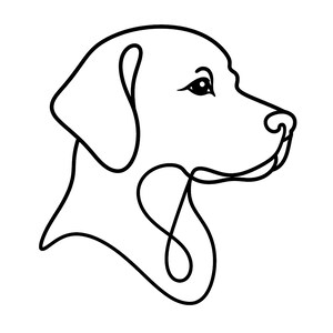 Könnte beinhalten: Eine minimalistische schwarze Strichzeichnung des Profils eines Hundes vor weißem Hintergrund. Das Kunstwerk verwendet eine durchgehende Linie und erzeugt eine einfache, aber elegante Darstellung des Kopfes und Halses eines Hundes. Das Auge und die Nase des Hundes sind deutlich definiert.