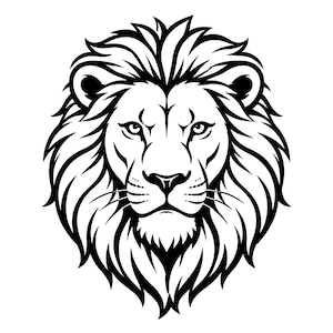 May include: A black and white graphic illustration of a lion head facing forward. The design features bold, clean lines defining the lion's facial features, intense eyes, and a thick, flowing mane that frames the face in a symmetrical pattern.