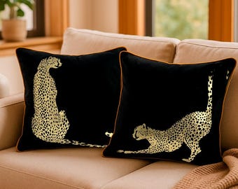 2er Set Geparden Kissenbezüge - Goldfolie auf schwarzem Samt - Passende Leoparden mit goldener Paspel - Hollywood Regency Glam Decor