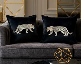 Luxus Schwarzer Samt Leopard Kissenbezug - 2er Set, Gold Gesticktes Panther Kissen, Modernes Safari Dekokissen für Couch, Tier Dekor