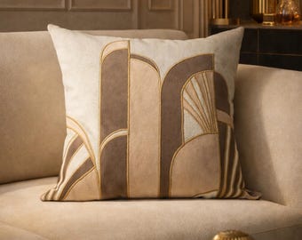 Art Deco Kissenbezug - Abstrakte Geometrische Bögen - Samt Applikation auf Jacquard - Schwarz Beige & Matt Gold - Mid Century Modern Kissen