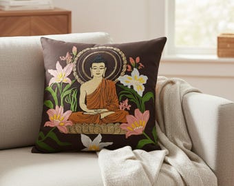 Buddha Kissen Bezug - Besticktes Zen Kissen - Schoko Brauner Samt - Meditation Raum Dekor - Spirituelles Yoga Geschenk 16x16