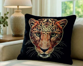 Leopard Samt Kissenbezug - Metallic Gold Gestickter Akzent - Maximalist Jungle Decor - Dark Moody Safari Kissen