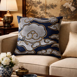 Oriental Cloud Pillow Cover - Baby Blue Velvet Appliqué - Chinoiserie Decor - Navy & Gold Celestial Cushion - Tibetan Sky Art