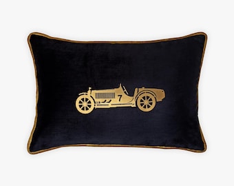Vintage Race Car Throw Pillow, Black Velvet w/ Faux Leather Car Design, Luxury Home Decor, Gift for Him, Boys Room Decor, Bar Decor Cushion