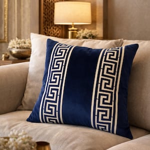 Greek Key Pillow Cover - Velvet & Jacquard Trim - Hotel Luxury Decor - Modern Classic Geometric Cushion - Neoclassical Decor