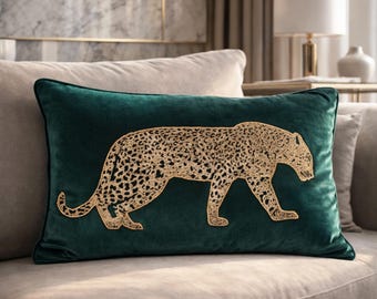 Emerlad Green Samt dekoratives Dekokissen - Gestickter Leopard Kunstleder Luxus Kissenbezug - Lendenkissen - Modernes Glam Decor