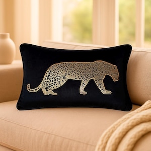 Black Velvet Decorative Throw Pillow - Embroidered Faux Leather Leopard Luxury Pillow Cover-  Lumbar Cushion Cover - Modern Glam Home Decor