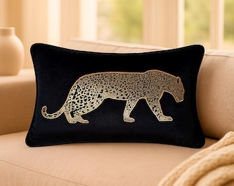 Dekoratives Dekokissen aus schwarzem Samt - Bestickter Leopard aus Kunstleder Luxuskissenbezug - Lendenkissenbezug - Modernes Glam Wohndekor