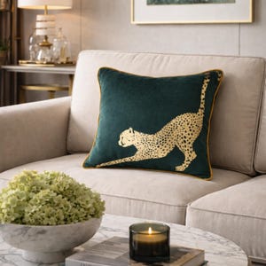 Foiled Cheetah Throw Pillow, Animal Cushion Cover, Modern Home Decor, Gold Foil Pattern on Dark Green Velvet, Animal Lovers, Square Cushion