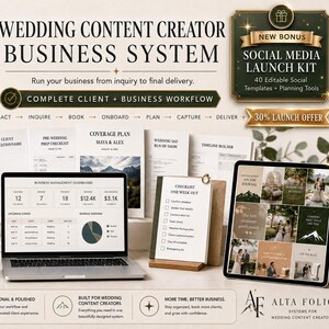 May include: A Wedding Content Creator Business System kit featuring a laptop displaying a business dashboard, a Quick Start Guide, a checklist, and a tablet showing social media templates. The set includes branded documents, a green mug, and text.