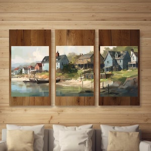 Pintura costeira #5 Tryptech Digital Wall Art Download conjunto de 3 peças Paisagem de idealismo romântico