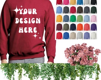 Gildan 18000 Rot Unisex Sweatshirt Mockup | Übergroßer Pullover Modell | Vorderseite Rot G180 Mockup | Gemütlicher Boho Chic-Stil Männer & Frauen Roter Pullover