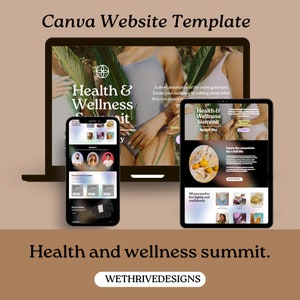 May include: A website template for a health and wellness summit. The template features a laptop, tablet, and smartphone displaying a website design with a tropical background and the text "Health & Wellness Summit".