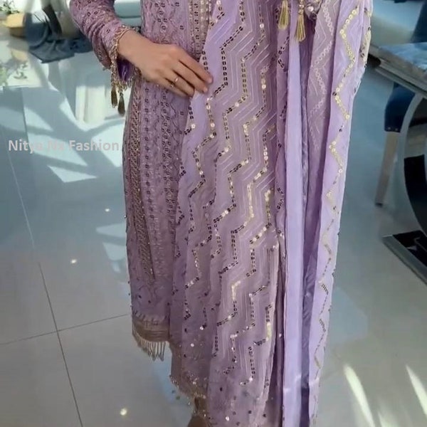Purple Readymade Salwar Kameez, Sequin Long Kurta With Churidar, Traditional Indian Outfit for USA Women, EID Dresses