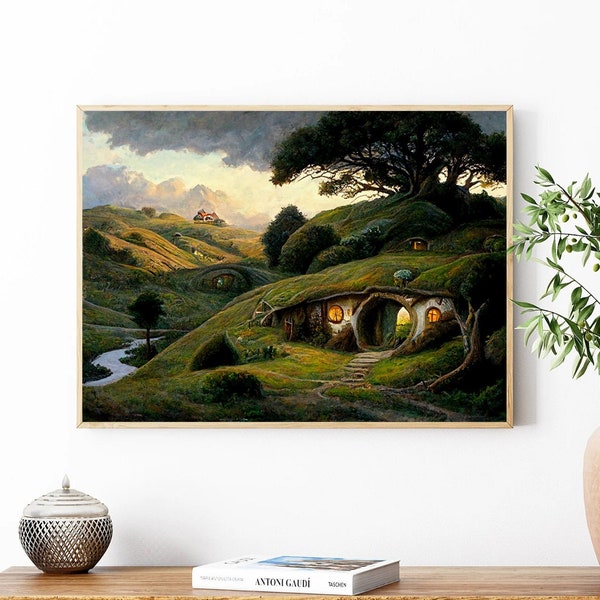 The Shire Oil Painting Print. Hobbitcore Decor. Hobbit Hole Landscape Poster. Halfling House Wall Art. Cozy Earth Home Print. Physical Print