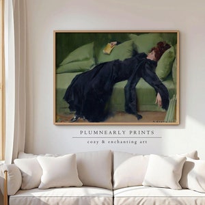 Casas Dekadente Mädchen Porträt Ölgemälde Kunstdruck Poster, Frau auf grünem Sofa liegend, Vintage klassische Wanddekoration, elegante dunkle Academia