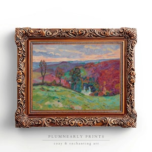 Guillaumin Lebendige Herbst Landschaft Kunstdruck Poster, Bold Chartreuse Grün Kirschrot Immergrün Mauve Feige Lila Malerei Wanddekor