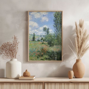 Stampa artistica di Monet, dipinto a olio su tela, paesaggio di campagna francese, decorazione da parete impressionista con campo di papaveri, estetica cottagecore di campagna francese