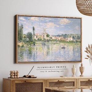 Monet Seaside Town Landscape Oil Painting Framed Canvas, Neutral Impressionist Coastal Scene, Vintage French Country Nautical Wall Decor