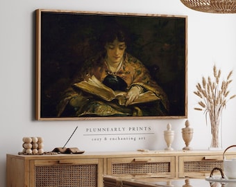 Woman Reading Antique Library Portrait Dark Oil Painting Framed Canvas Art