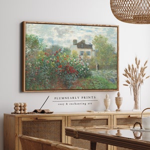 Monet French Cottage Garden Landscape Oil Painting Framed Canvas, Impressionist English Country Wall Decor, Vintage Floral Cottagecore