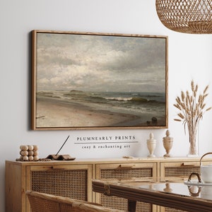 Beach Landscape Oil Painting Framed Canvas, Vintage Seascape Classic Beach Wall Art, Coastal Decor, Ocean Waves Poster, Nautical Theme